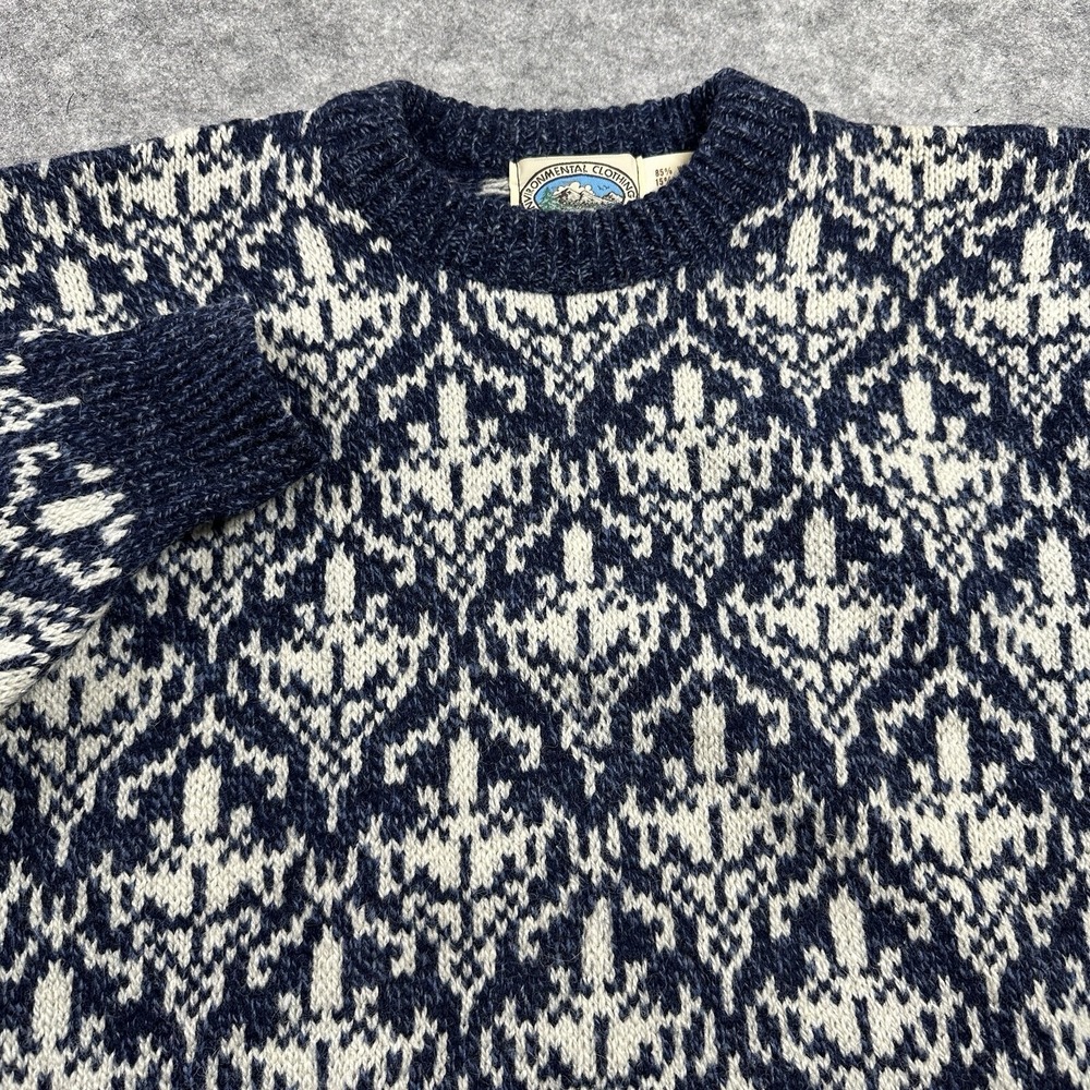 Environmental Clothing Co Sweater Mens Medium Blue Wool Blend Damask Made in USA